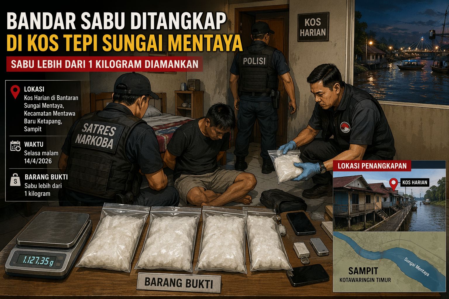 Kos Harian di Bantaran Mentaya Diduga Jadi Tempat Simpan Sabu 1 Kilogram