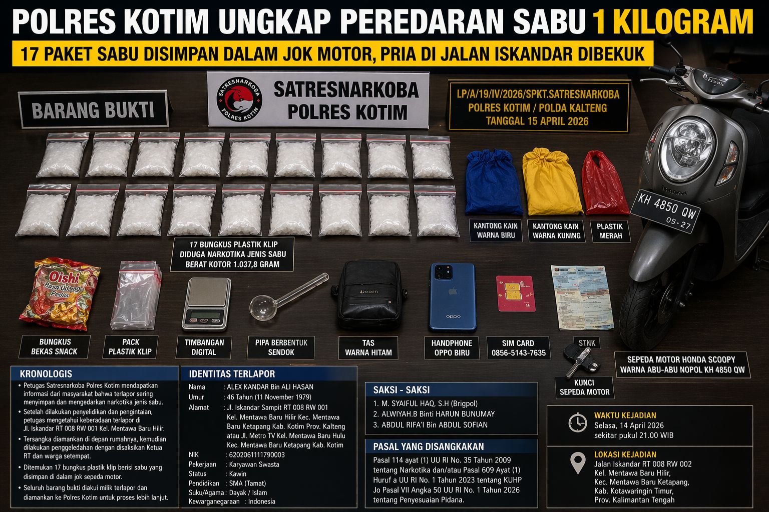 Nekat Simpan 17 Paket Sabu Seberat 1 Kilogram di Scoopy, Warga Jalan Iskandar Diciduk Satresnarkoba